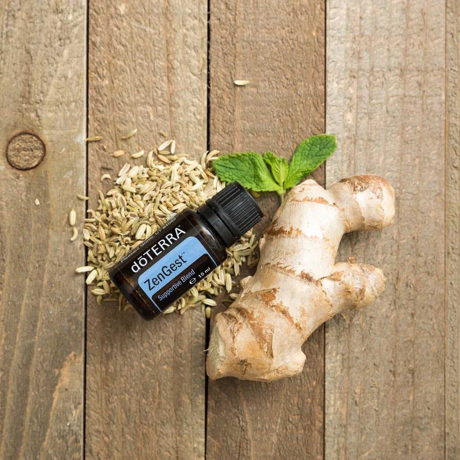 doTERRA ZenGest 15 ml ob ingverju na leseni podlagi
